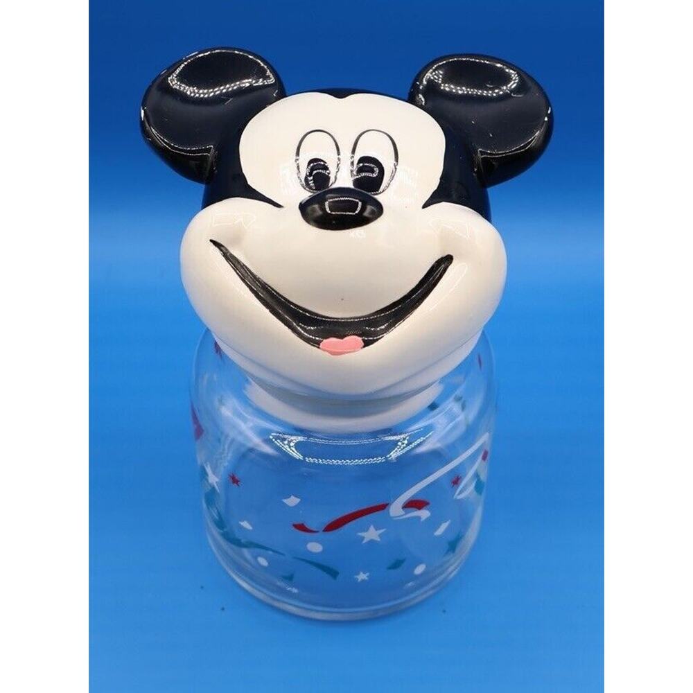 Vintage Walt Disney Company Mickey Mouse Ceramic Top Glass Jar‎ Red White & Blue